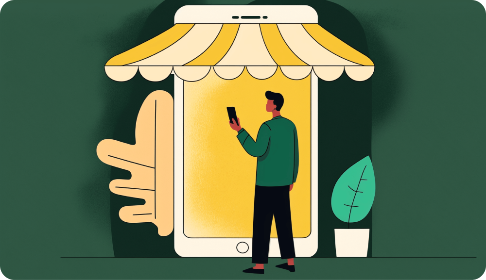 Ilustración de persona comprando por un móvil a través de whatsapp