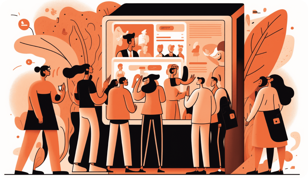 Ilustración de ecommerce marketers discutiendo una estrategia de comercio conversacional