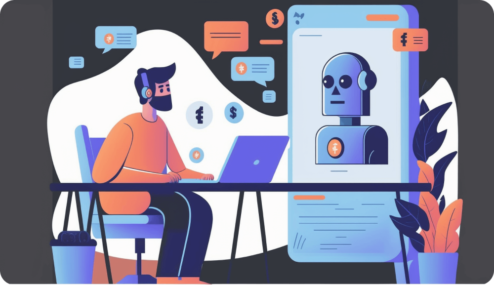 Ilustración de una persona hablando con un chatbot
