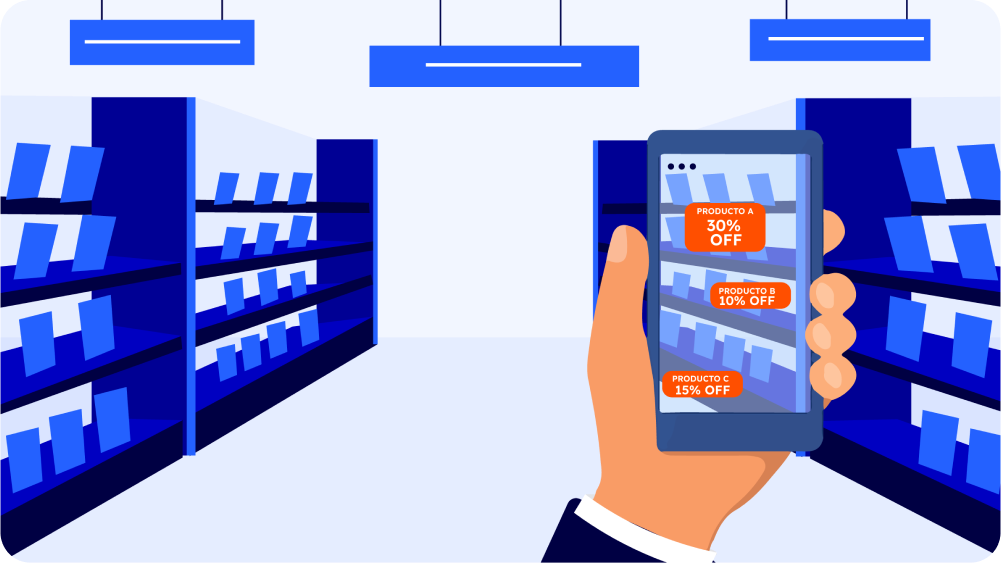 Persona utilizando la realidad aumentada desde su móvil para hacer compras retail.