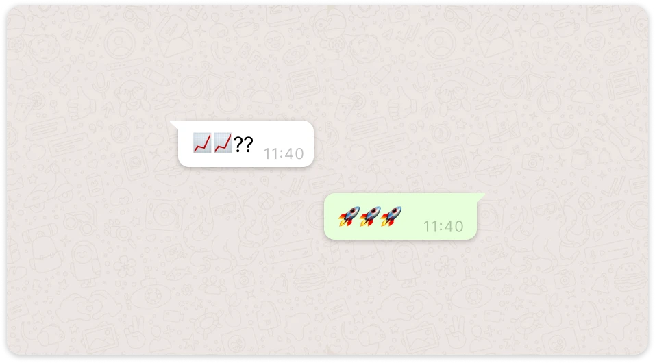 Una conversación de whatsapp donde una persona pregunta por estadísticas, y la otra responde con cohetes despegando, haciendo alusión a los buenos resultados.
