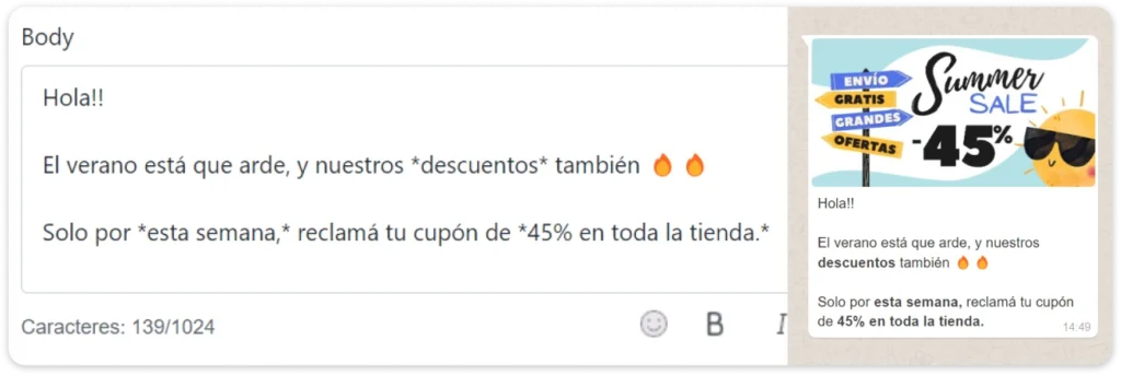 Cuerpo del mensaje para la plantilla de whatsapp