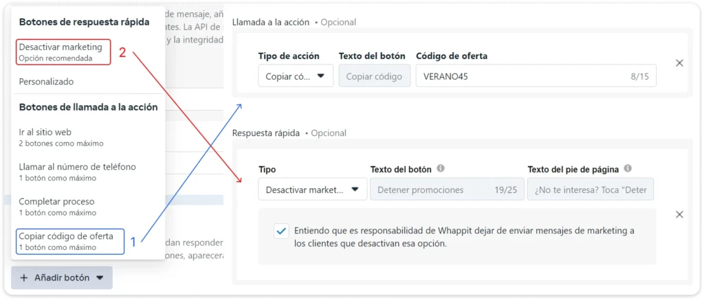 Colocando botones para la plantilla de whatsapp
